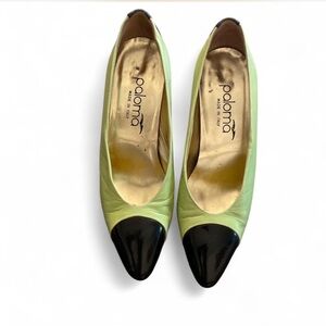 Vintage Paloma Italy Leather Cap Toe Pumps Chartreuse Green/Black.
Size 5.5